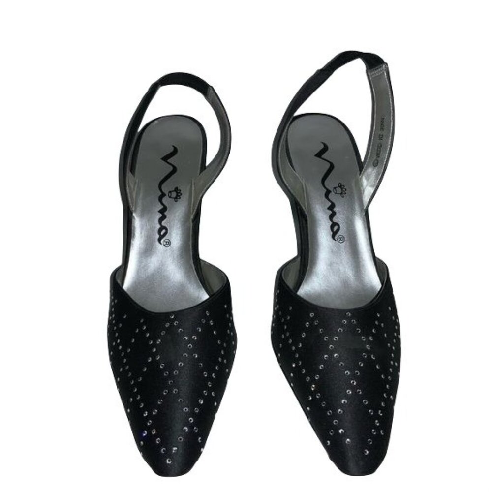 Nina Womens Black Satin Rhinestone Slingback Heels Size 8.5 With Leather Sole